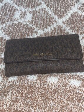 Michael Kors Brown Signature Trifold MK Continental Wallet with Gold Logo